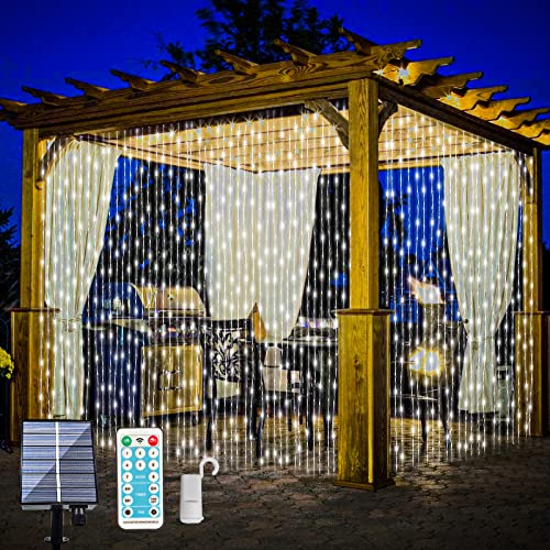 200 LED Solar Curtain String Lights Outdoor Remote Control 8 Modes Fairy Lights Waterproof Solar Powered Copper Wire Lights Solar Waterfall Lights for Gazebo Garden Party Window Decoration（Cool White）