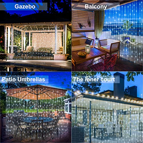 200 LED Solar Curtain String Lights Outdoor Remote Control 8 Modes Fairy Lights Waterproof Solar Powered Copper Wire Lights Solar Waterfall Lights for Gazebo Garden Party Window Decoration（Cool White）