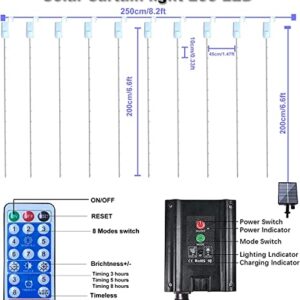 200 LED Solar Curtain String Lights Outdoor Remote Control 8 Modes Fairy Lights Waterproof Solar Powered Copper Wire Lights Solar Waterfall Lights for Gazebo Garden Party Window Decoration（Cool White）