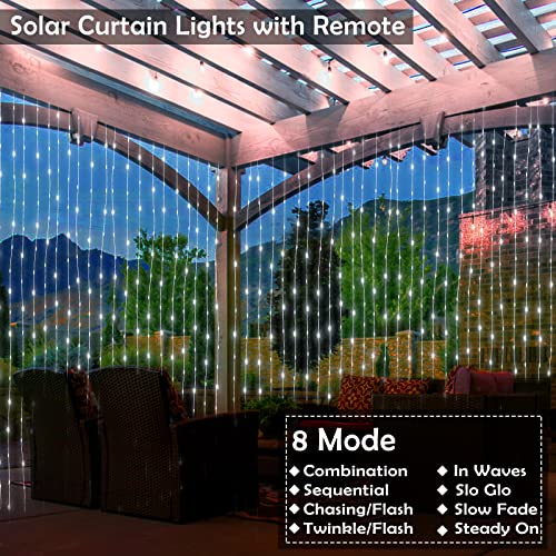 200 LED Solar Curtain String Lights Outdoor Remote Control 8 Modes Fairy Lights Waterproof Solar Powered Copper Wire Lights Solar Waterfall Lights for Gazebo Garden Party Window Decoration（Cool White）