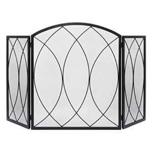 feed garden 3 panel fireplace screen 52″ w x 31.3″ h modern foldable with wrought metal decorative mesh,arch heavy duty fire spark guard cover for home decor indoor, black