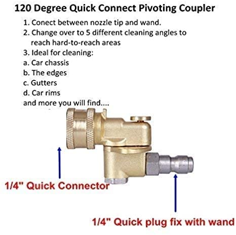 Meteor Blast Quick Connecting Pivoting Coupler Attachment 120 Degree with 5 Angles and Safety Lock for Pressure Washer Spray Nozzle, Cleaning Hard to Reach Area Max 5000 PSI 1/4 Inch Plug