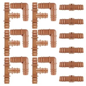 18pcs irrigation fittings kit for 1/2″ tubing (0.520-0.600″ id) drip line connectors – 6 tees 6 couplings 6 elbows, drip irrigation fitting set drip or sprinkler systems