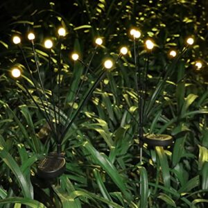romdecyn firefly lights solar outdoor waterproof , 8 led starburst swaying solar powered firefly path lights decoration for garden patio party holiday landscape pathway, warm white (4pack)