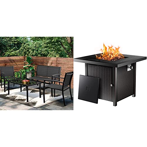 Greesum 4 Pieces Patio Furniture Set, Outdoor Conversation Sets, Black & Ciays Propane Fire Pits 28 Inch Outdoor Gas Fire Pit, 50,000 BTU Steel Fire Table with Lid and Lava Rock, Black