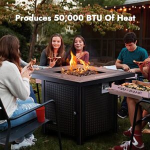 Greesum 4 Pieces Patio Furniture Set, Outdoor Conversation Sets, Black & Ciays Propane Fire Pits 28 Inch Outdoor Gas Fire Pit, 50,000 BTU Steel Fire Table with Lid and Lava Rock, Black