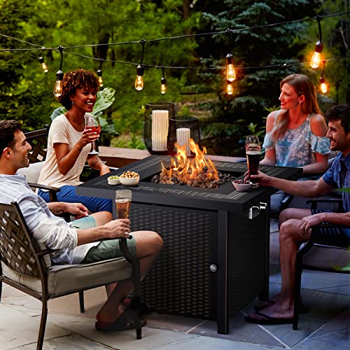 Greesum 4 Pieces Patio Furniture Set, Outdoor Conversation Sets, Black & Ciays Propane Fire Pits 28 Inch Outdoor Gas Fire Pit, 50,000 BTU Steel Fire Table with Lid and Lava Rock, Black