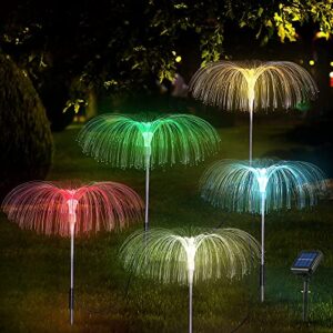 meonum solar christmas pathway lights outdoor decorations 5 pack, 7 colors changing rgb light waterproof flower jellyfish firework decor for garden patio landscape pathway yard holiday decor