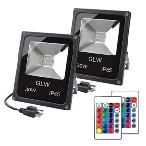 glw 30w rgb led flood light remote control outdoor landscape lighting ip65 waterproof 16 colors changing 4 mode security light for garden,lawn,yard (2 pack)