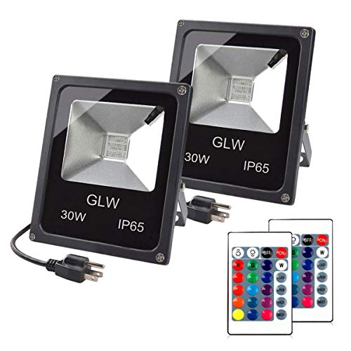 GLW 30W RGB LED Flood Light Remote Control Outdoor Landscape Lighting IP65 Waterproof 16 Colors Changing 4 Mode Security Light for Garden,Lawn,Yard (2 Pack)