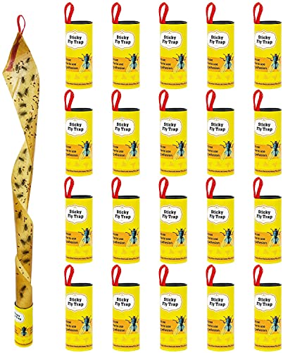 Dwcom 20 Packs Fly Tape, Fly Strips, Fly Paper Strips Roll Ribbon, Sticky Fruit Fly Traps Hanging Catcher Gnat Fungus Trap Killer for Indoors Outdoors