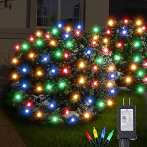 120led christmas net lights outdoor 5ft x 6ft connectable, 8 modes net mesh lights waterproof black wire, 29v plug in mesh net lights for garden, yard, bushes, trunk, xmas tree decor (multicolor)