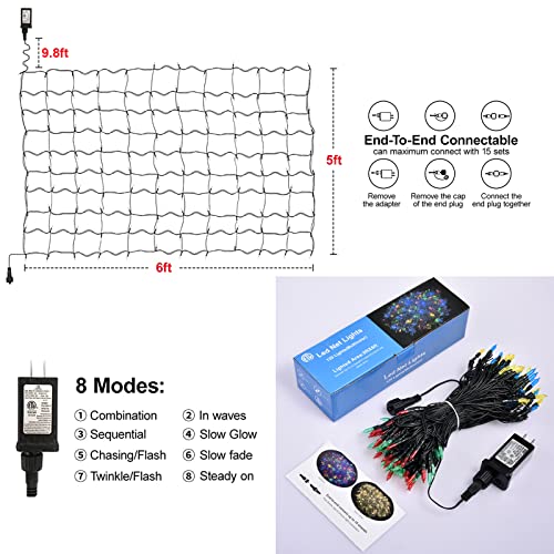 120Led Christmas Net Lights Outdoor 5ft x 6ft Connectable, 8 Modes Net Mesh Lights Waterproof Black Wire, 29V Plug in Mesh Net Lights for Garden, Yard, Bushes, Trunk, Xmas Tree Decor (Multicolor)