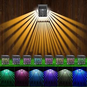 solar fence lights, 8 pack solar deck lights powered with 2 mode rgb / warm white, color glow lights outdoor solar, waterproof solar wall lights outdoor for garden, front door, backyard, post