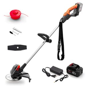 42v brushless weed wacker 12″ string trimmer, electric weed eater brush cutter, 3-in-1 grass edger lawn tool with metal blades and shoulder strap, 6ah li-ion battery powered for garden yard pruning