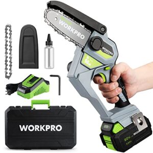 workpro mini chainsaw, 6.3“ brushless cordless power compact chain saw with 4.0ah battery, 20v one-hand operated portable wood saw with replacement chain for garden tree branch pruning, wood cutting