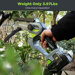 WORKPRO Mini Chainsaw, 6.3“ Brushless Cordless Power Compact Chain Saw with 4.0Ah Battery, 20V One-Hand Operated Portable Wood Saw with Replacement Chain for Garden Tree Branch Pruning, Wood Cutting