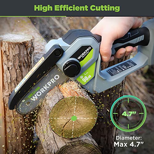 WORKPRO Mini Chainsaw, 6.3“ Brushless Cordless Power Compact Chain Saw with 4.0Ah Battery, 20V One-Hand Operated Portable Wood Saw with Replacement Chain for Garden Tree Branch Pruning, Wood Cutting