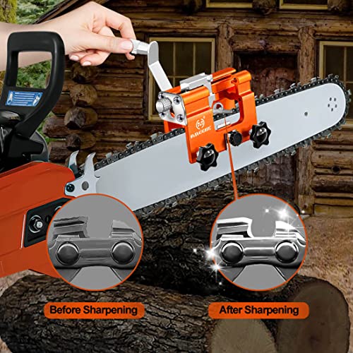 Chainsaw Chain Sharpening Jig, Manual Chainsaw Sharpener Kit, Portable Chainsaw Teeth Sharpener with Burr Grinding Stone & Cleaning Brush, Mini Chainsaw Blade Sharpener Attachment for Gas/Electric Saw