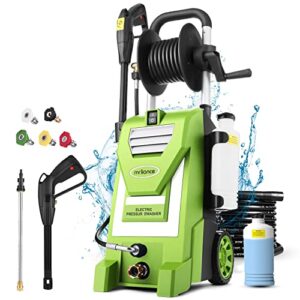 pressure washer mrliance electric power washer 2.9gpm high pressure washer mr3000 professional car washer with hose reel, 5 nozzles, soap bottle for cleaning houses driveways fences garden (green)