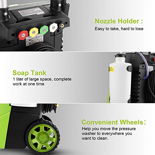 Pressure Washer mrliance Electric Power Washer 2.9GPM High Pressure Washer MR3000 Professional Car Washer with Hose Reel, 5 Nozzles, Soap Bottle for Cleaning Houses Driveways Fences Garden (Green)