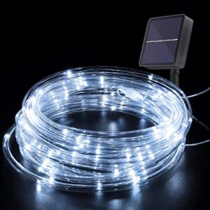 petvay led solar rope lights outdoor waterproof, 33 ft 100 led with 8 flashing modes & 800 mah battery, solar powered outdoor string lights for pool patio garden tree path camping christmas