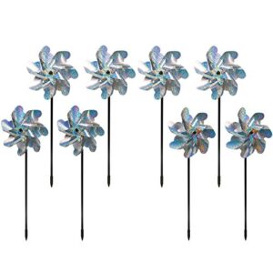bird blinder premium repellent pinwheels – sparkly holographic pin wheel spinners scare off birds and pests (set of 8) – easy assembling bird repellent devices outdoor – humanely keep birds away