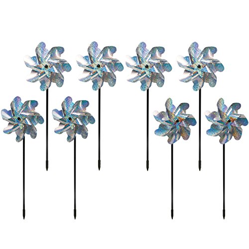 BIRD BLINDER Premium Repellent PinWheels – Sparkly Holographic Pin Wheel Spinners Scare Off Birds and Pests (Set of 8) - Easy Assembling Bird Repellent Devices Outdoor - Humanely Keep Birds Away