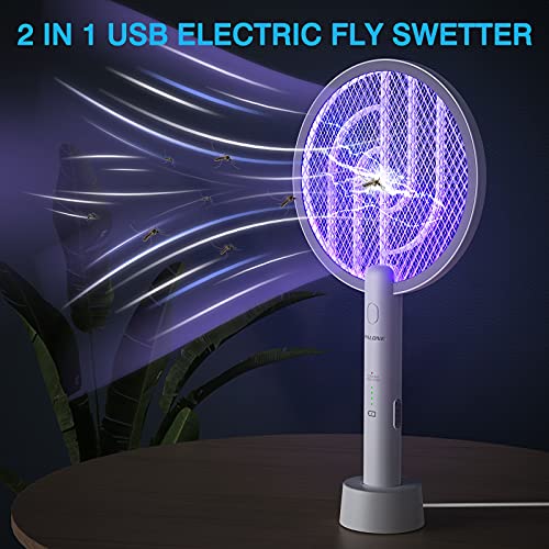 PALONE Electric Fly Swatter 3000V Bug Zapper Racket 2 in 1 Fly Swatter with 1200mAh Battery Rechargeable Mosquito Killer Lamp with 3 Layers Safety Mesh for Indoor and Outdoor