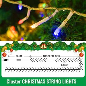 Heceltt 98ft Christmas Lights 1000Led, Plug in Fairy Lights with 8 Modes, Memory and High Density, Christmas Decorations for Wedding Holiday Party Garden Xmas Tree Indoor Outdoors, Multi Color