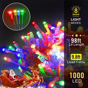 Heceltt 98ft Christmas Lights 1000Led, Plug in Fairy Lights with 8 Modes, Memory and High Density, Christmas Decorations for Wedding Holiday Party Garden Xmas Tree Indoor Outdoors, Multi Color