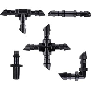 1/4 drip irrigation fittings kit 115 piece set, 1/4 inch water hose connectors- 40 couplings,30 tees, 20 elbows,15 4-way coupling, 10 end plugs -barbed connectors for garden lawn systems (115p-set)
