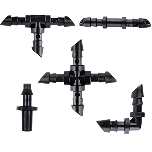 1/4 Drip Irrigation Fittings Kit 115 Piece Set, 1/4 Inch Water Hose Connectors- 40 Couplings,30 Tees, 20 Elbows,15 4-Way Coupling, 10 End Plugs -Barbed Connectors for Garden Lawn Systems (115P-Set)