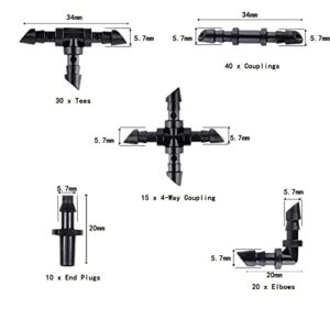 1/4 Drip Irrigation Fittings Kit 115 Piece Set, 1/4 Inch Water Hose Connectors- 40 Couplings,30 Tees, 20 Elbows,15 4-Way Coupling, 10 End Plugs -Barbed Connectors for Garden Lawn Systems (115P-Set)