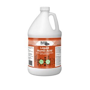 organic liquid humic soil health formula, great for houseplants, gardens and lawns, by bloom city, gallon (128 oz) concentrated makes 120+ gallons