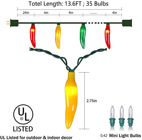 Romasaty Multi-Colored Chili Pepper Christmas String Lights,13.6FT Chili Pepper Cluster Lights with 35 Chili Pepper Bulbs for Outdoor/Indoor Kitchen Garden Patio Christmas Decor