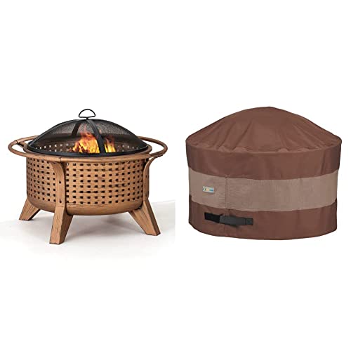 Sunjoy 30 in. Outdoor Wood-Burning Fire Pit, Patio Woven Round Steel Firepit Large Fire Pits for Outside & Duck Covers Ultimate Waterproof 34 Inch Round Fire Pit Cover, Patio Furniture Covers