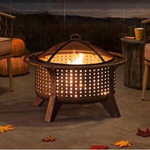 Sunjoy 30 in. Outdoor Wood-Burning Fire Pit, Patio Woven Round Steel Firepit Large Fire Pits for Outside & Duck Covers Ultimate Waterproof 34 Inch Round Fire Pit Cover, Patio Furniture Covers