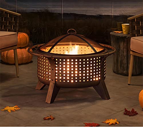 Sunjoy 30 in. Outdoor Wood-Burning Fire Pit, Patio Woven Round Steel Firepit Large Fire Pits for Outside & Duck Covers Ultimate Waterproof 34 Inch Round Fire Pit Cover, Patio Furniture Covers