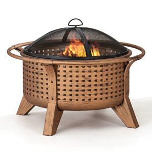 Sunjoy 30 in. Outdoor Wood-Burning Fire Pit, Patio Woven Round Steel Firepit Large Fire Pits for Outside & Duck Covers Ultimate Waterproof 34 Inch Round Fire Pit Cover, Patio Furniture Covers