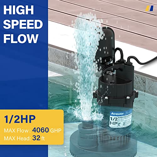 Acquaer 1/2HP Sump Pump, 4060GPH Submersible Clean/Dirty Water Pump with Adjustable Float Switch for Garden Pool,Basement, Flooded House , Hot Tub and Irrigat&Acquaer 1-1/2" x 50 FT Pool Backwash Hose