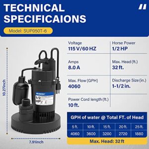 Acquaer 1/2HP Sump Pump, 4060GPH Submersible Clean/Dirty Water Pump with Adjustable Float Switch for Garden Pool,Basement, Flooded House , Hot Tub and Irrigat&Acquaer 1-1/2" x 50 FT Pool Backwash Hose