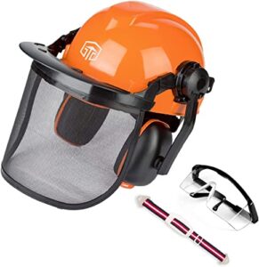 chainsaw helmet with safety face shield and ear muffs, helmet for chainsaw use, safety helmet removable anti-fog goggles by sunhoo