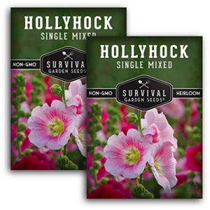 survival garden seeds – single mixed hollyhock seed for planting – 2 packs with instructions to plant and grow colorful spikes of flowers in your home vegetable garden – non-gmo heirloom variety