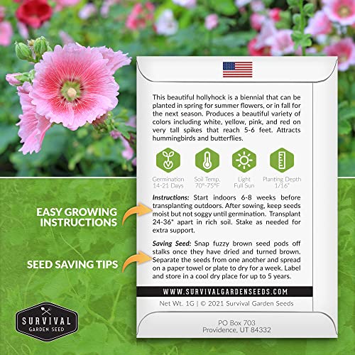 Survival Garden Seeds - Single Mixed Hollyhock Seed for Planting - 2 Packs with Instructions to Plant and Grow Colorful Spikes of Flowers in Your Home Vegetable Garden - Non-GMO Heirloom Variety