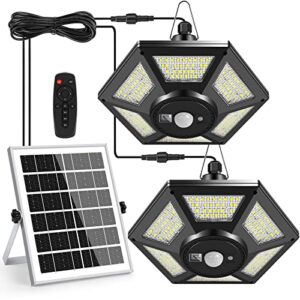 deogos solar pendant lights, dual head solar shed lights with motion sensor for outdoor,180 led solar indoor lights with remote control for barn gazebo garage garden home