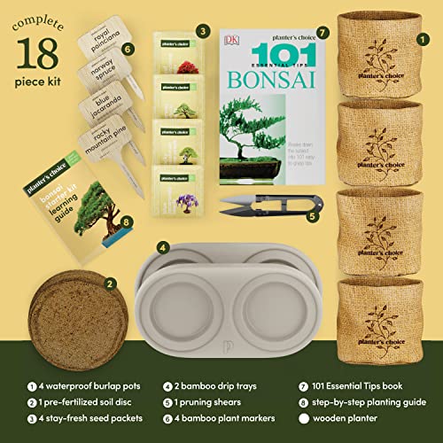 Bonsai Starter Kit - DIY Bonsai Growing Gift - Garden Hobbies for Adults, Women & Men : 4 Unique Tree Seeds, Soil, Pots, Pruning Shears, Plant Markers + Wood Gift Box