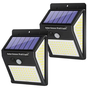 solar lights outdoor, [ 2 pack /3 modes /140 led ] solar motion sensor powered flood lights, 3000 lumens 270°wide-angle ip65 waterproof solar security wall lights for garden fence patio deck yard pool