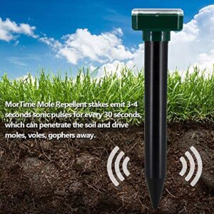 MorTime Solar Powered Mole Deterrent Spikes Outdoor Yard Gopher Vole Deterrent Ultrasonic Groundhog Stake for Lawn Garden (4 Pack)