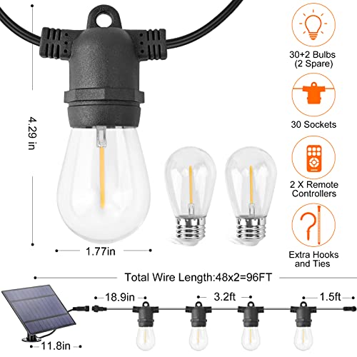 Dott Arts 2-Pack 96FT Solar Outdoor String Lights Waterproof with Dimmable Remote Control,Patio LED String Lights with 32 Plastic Bulbs for Backyard Garden Bistro sWedding Party